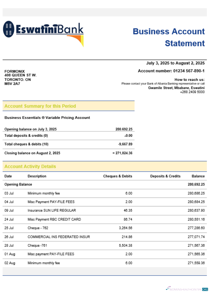 Download Swazibank Limited company checking account statement Word and PDF template Photoshop template